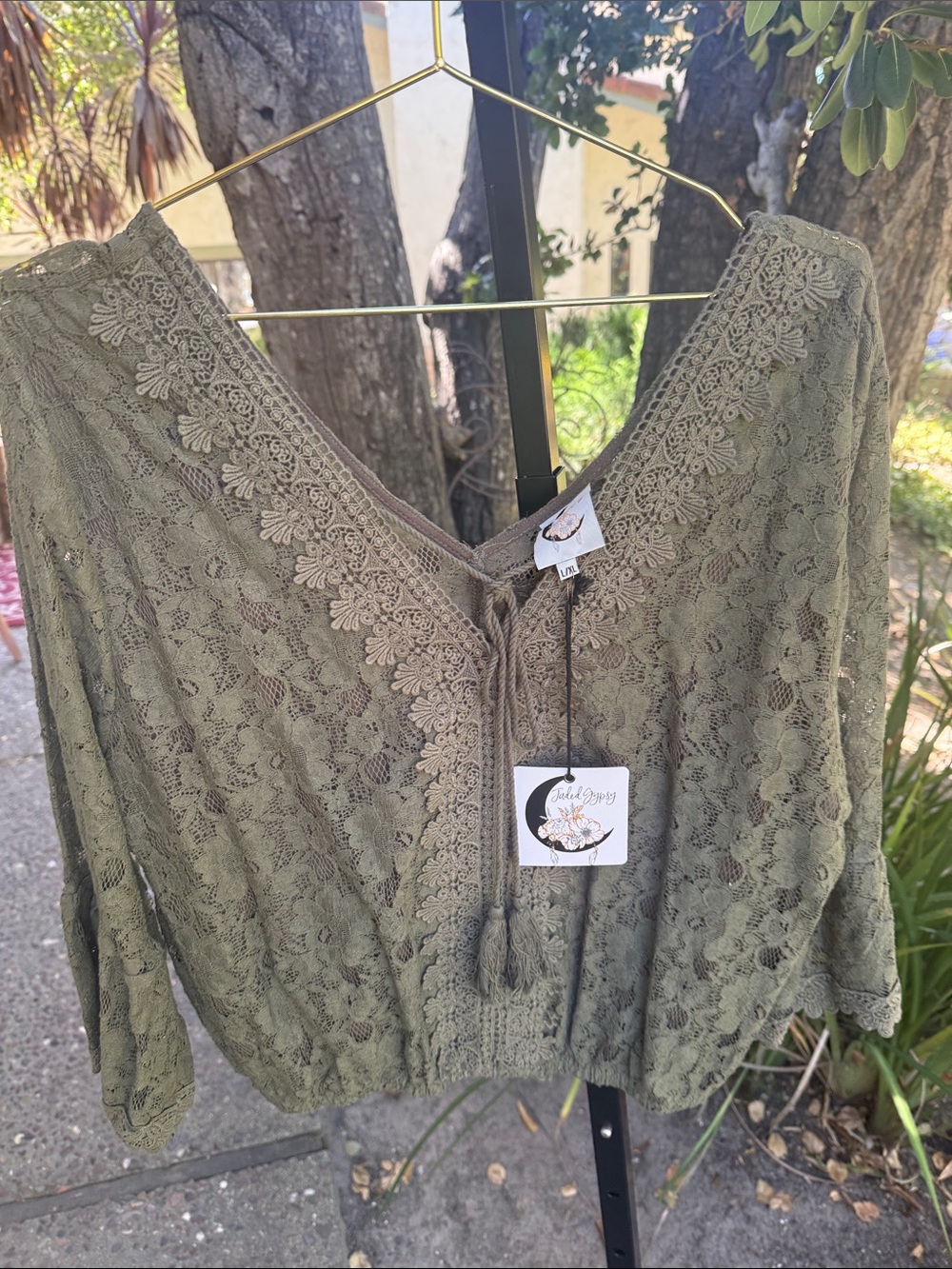 Luna & Sage Olive Lace V-Neck Blouse with Tassel Tie